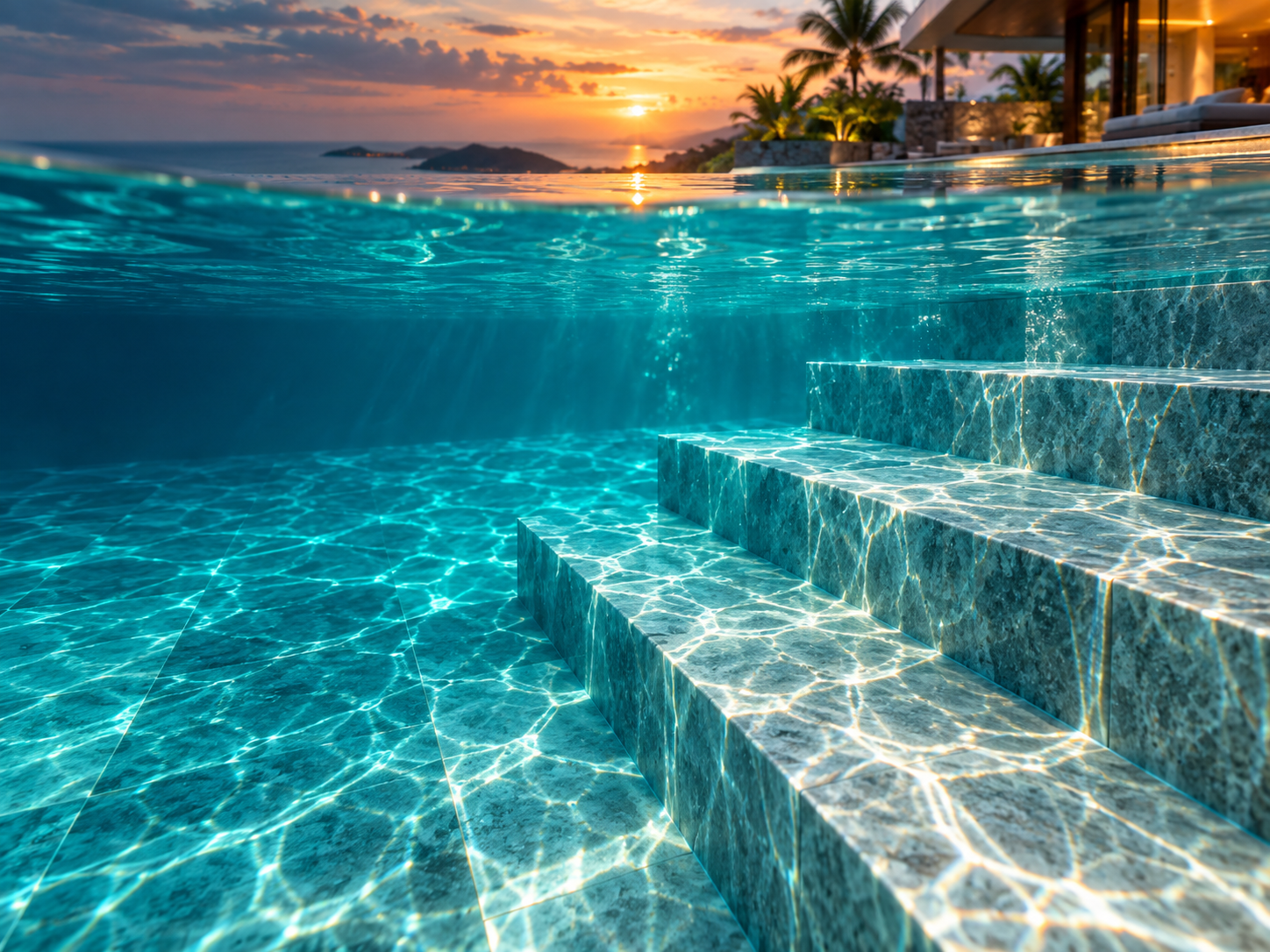 Detailed underwater pool steps and water finish