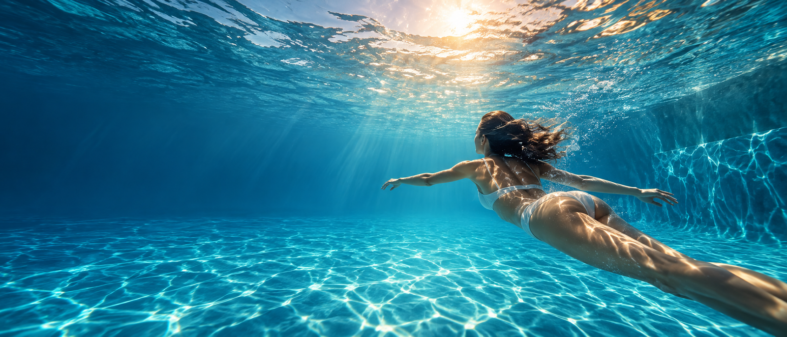 Swimming underwater in a clear pool